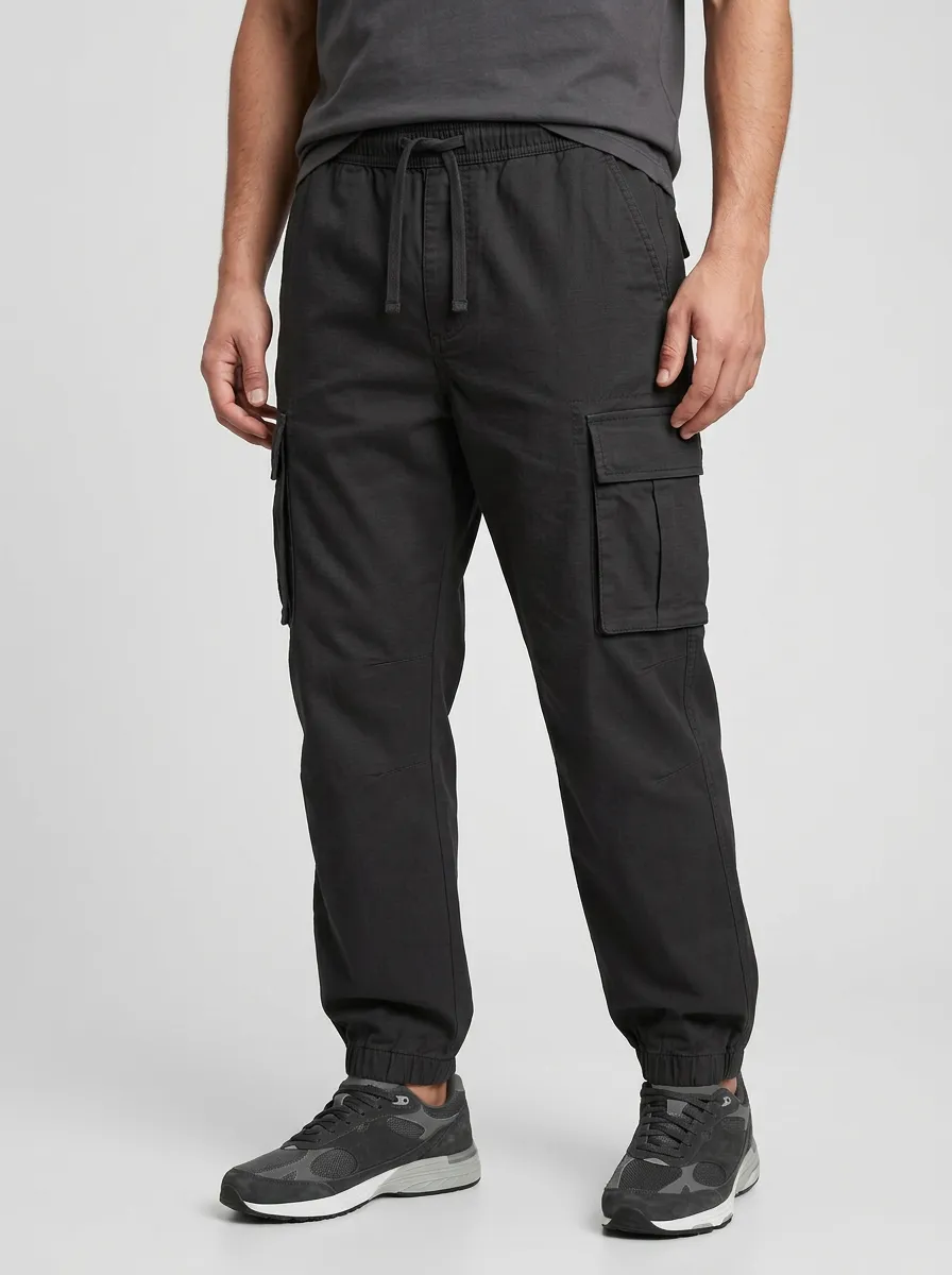Elastic-Waist Solid-Style Men's Cargo Pants