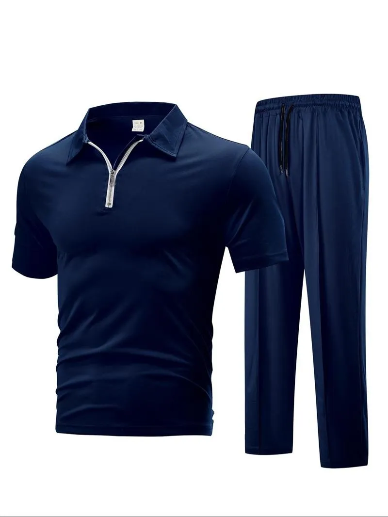 Men's Plain Half Zip Up Shortsleeve Polo Shirt & Drawstring Waist Pants Two-piece Set