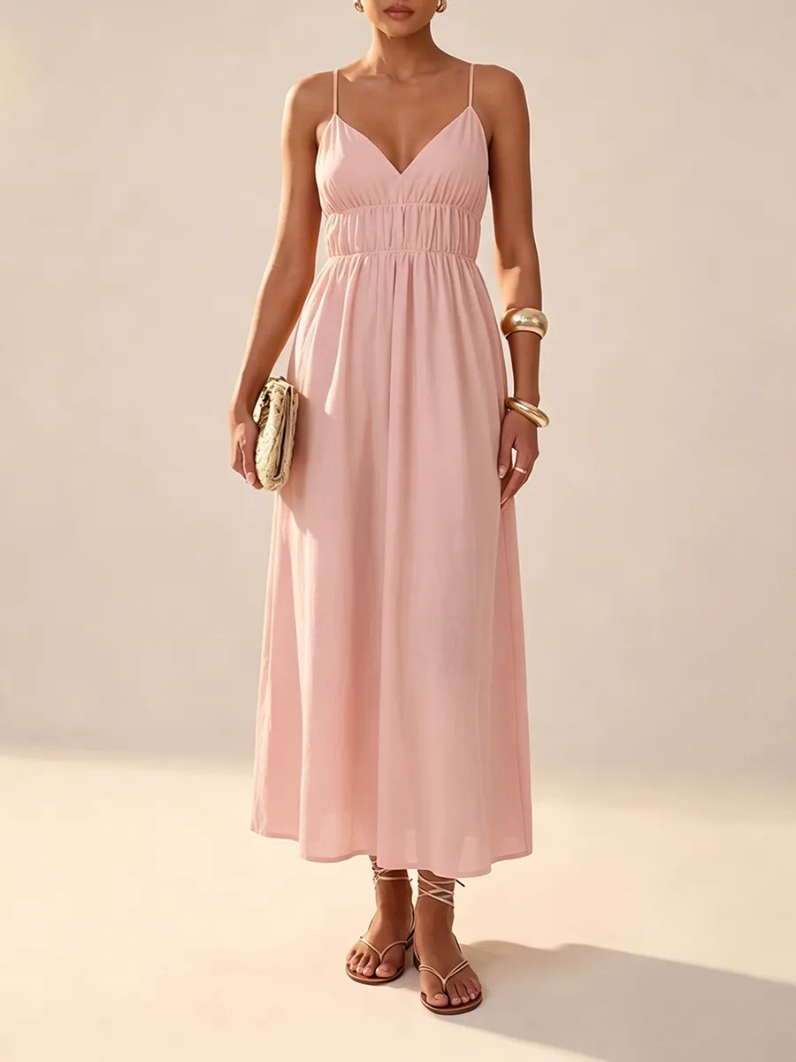 Women's Deep V-Neck Sleeveless Spaghetti Strap Ruched Flowy Maxi Sundress