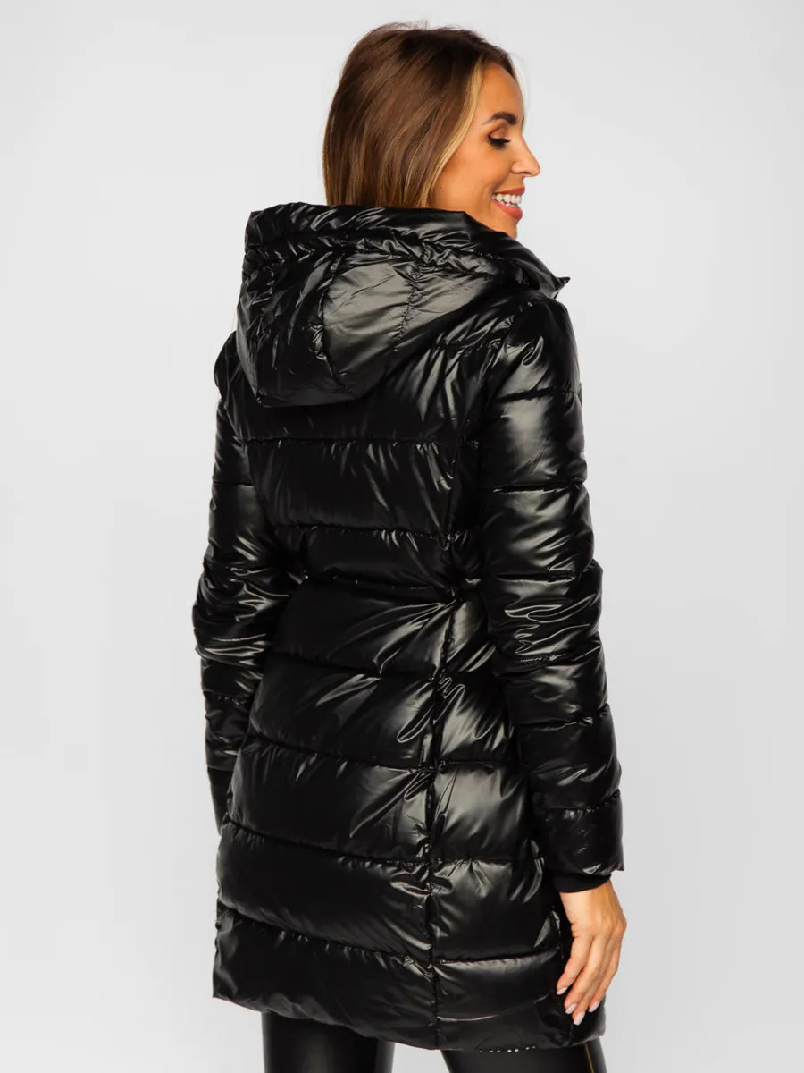 women's black long double-sided quilted winter jacket with hood