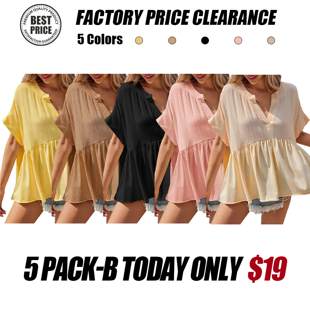 🔥 Women's Summer V-Neck Babydoll Tops | Short Sleeve Pleated Flowy Blouse