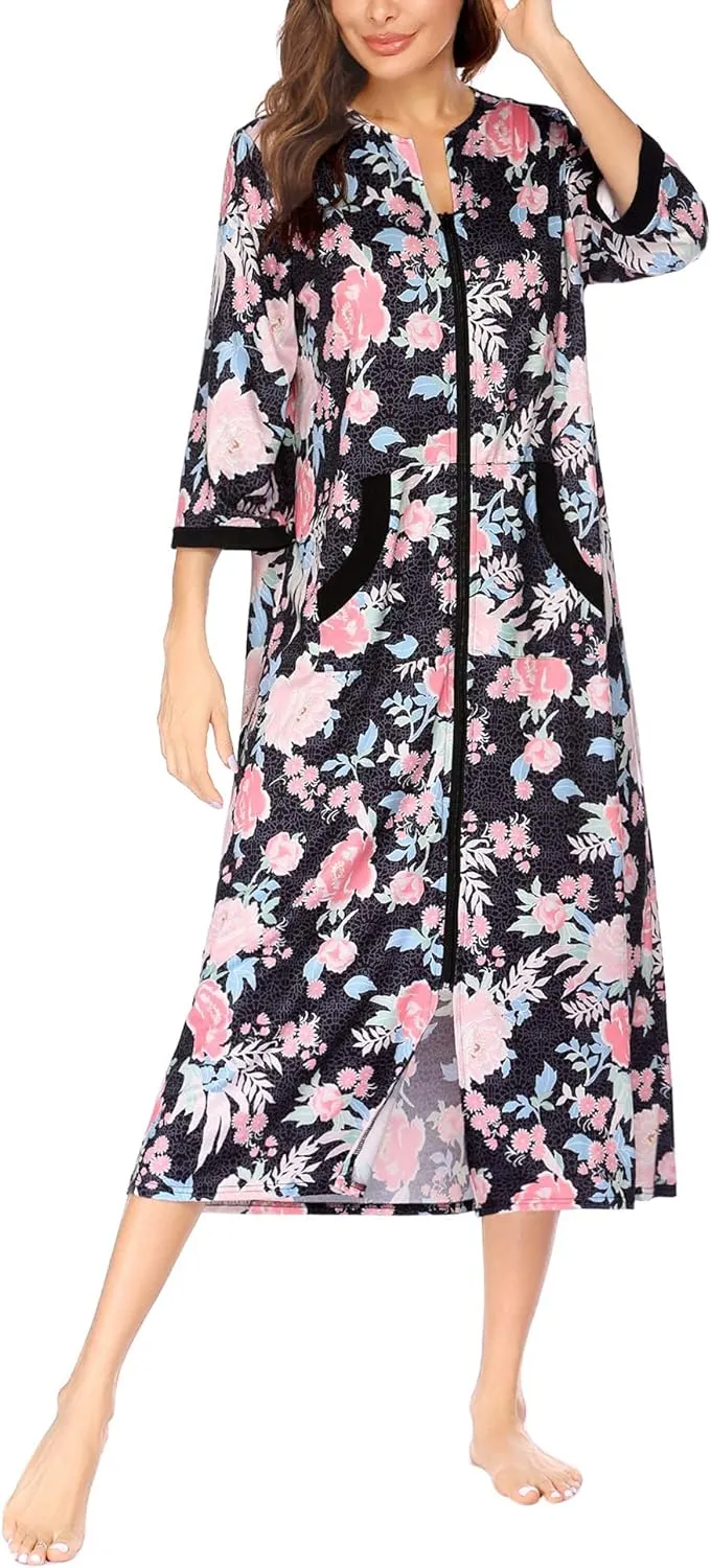 50% OFF Women Zipper Robe 3/4 Sleeves Loungewear Dress Full Length Sleepwear Pockets Housecoat Nightgown Long Bathrobe