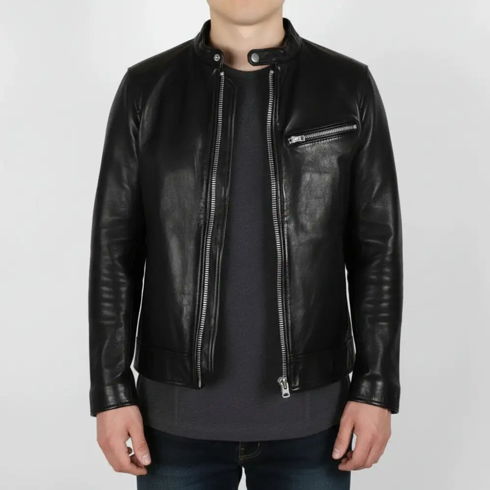 Clean Line Leather Biker Motorcycle Multi Pocket Jacket