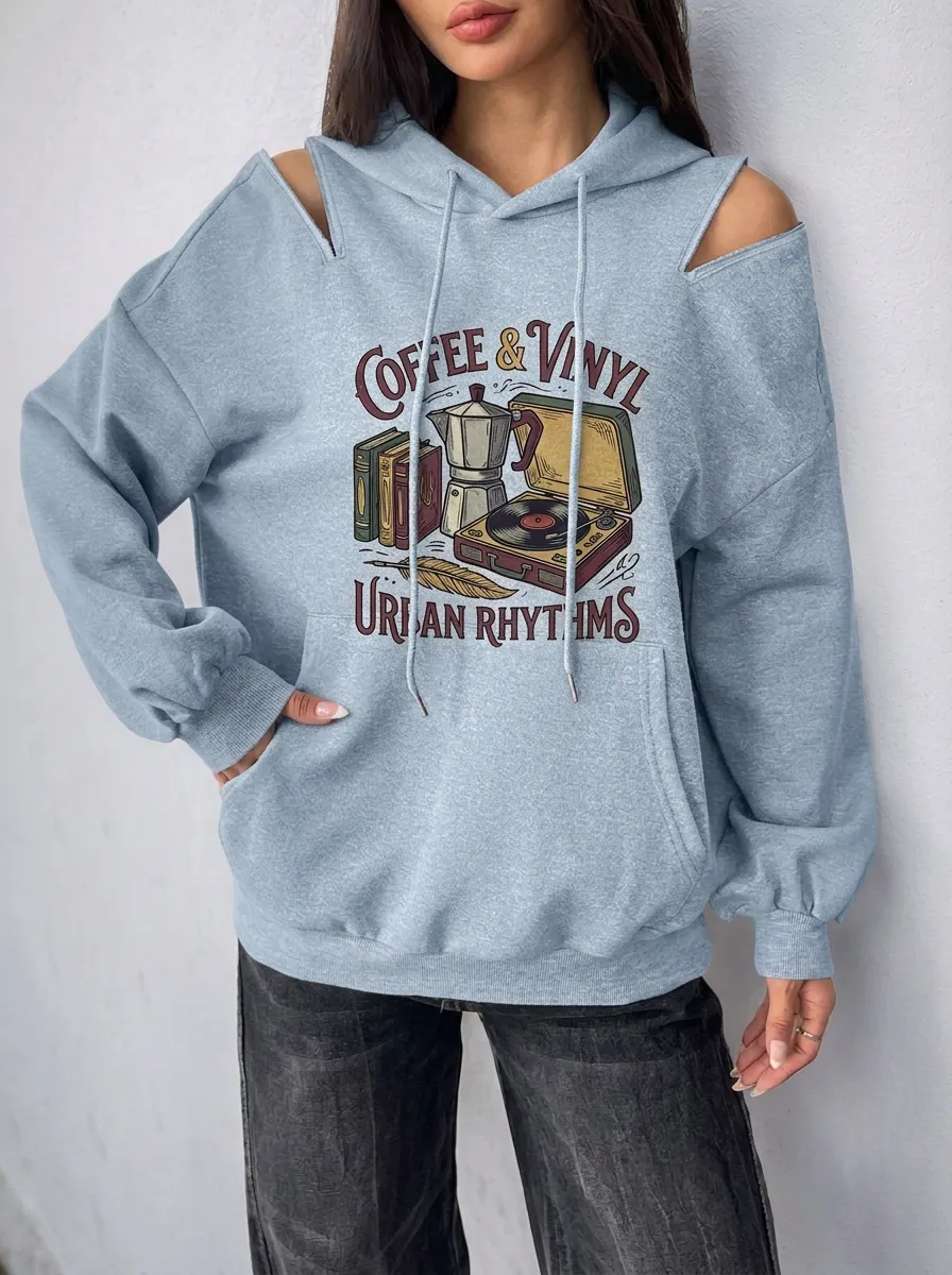 Women's Coffee Vinyl Record Urban Rhythms Printed Cold Shoulder Hoodie