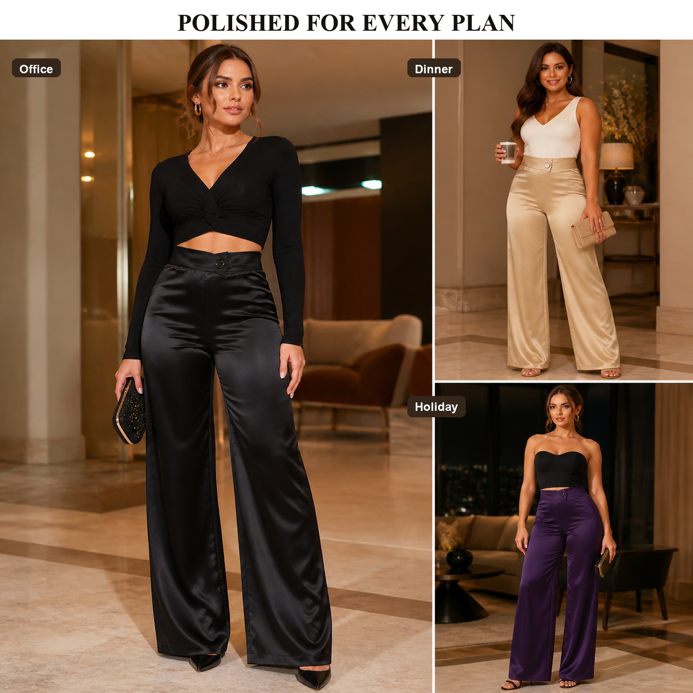 Polished outfit styling for satin straight-leg pants