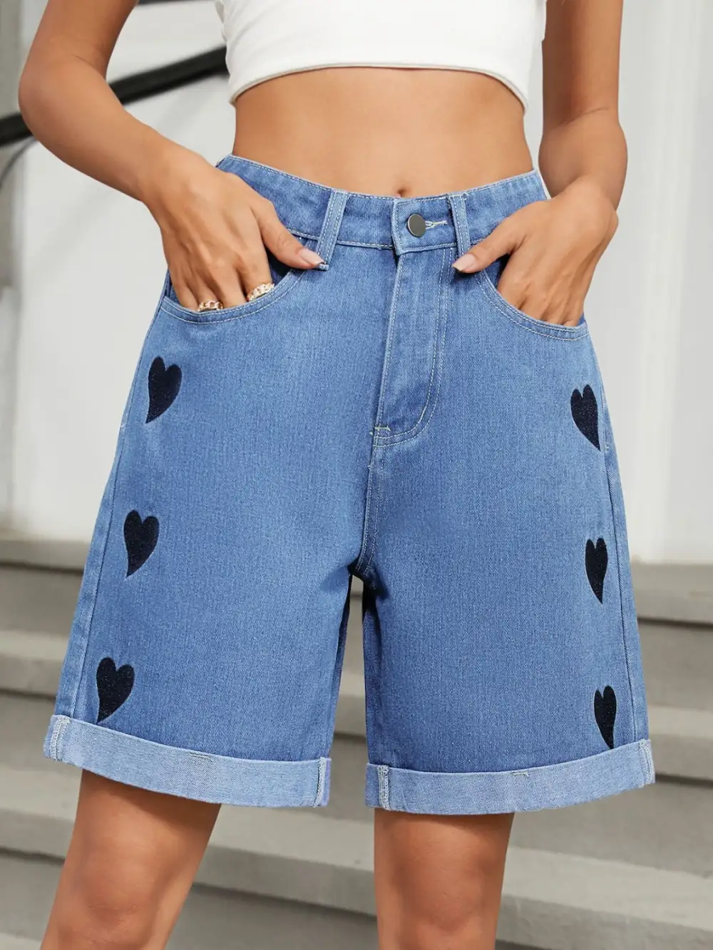 Heart-Pattern Rolled Hem Denim Shorts