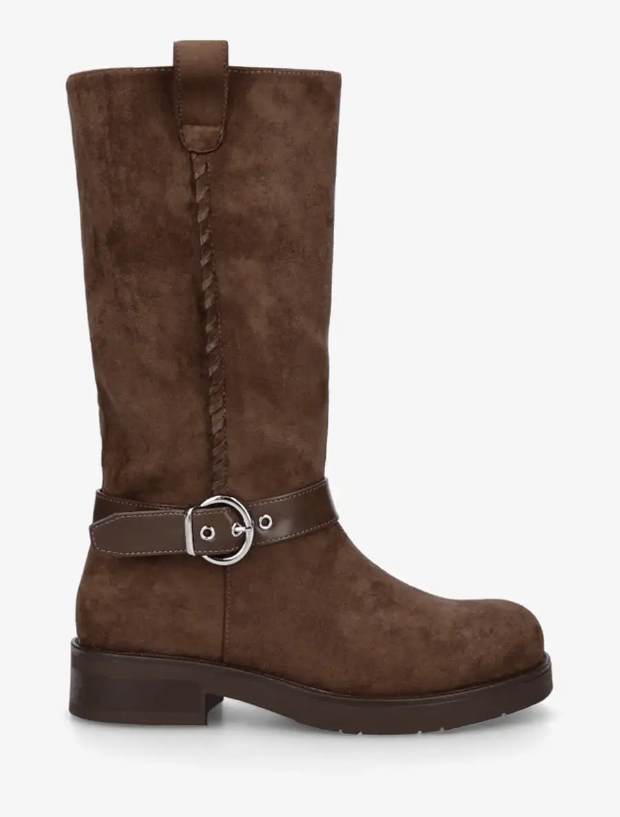 Modern Strap Detail Block Heel Faux Suede Knee High Boots