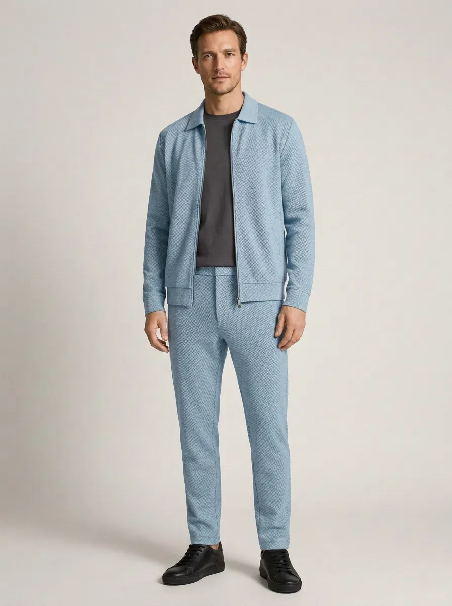 Men's Refined Textured Minimal Polo Collar Jacket and Jogger Pants Set