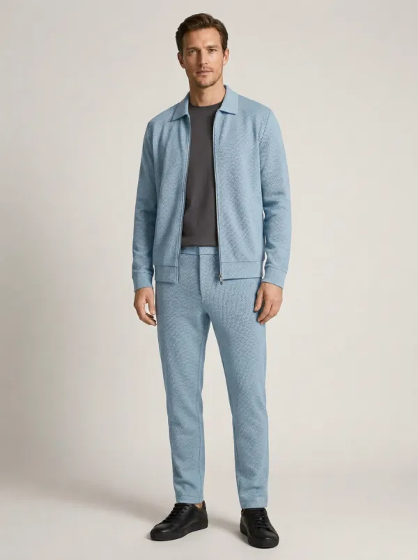 Men's Refined Textured Minimal Polo Collar Jacket and Jogger Pants Set