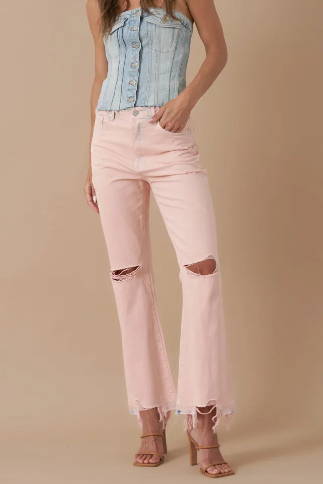 Women's Five Pocket High Rise Destroyed Distressed Cropped Flare Rigid Denim Jeans