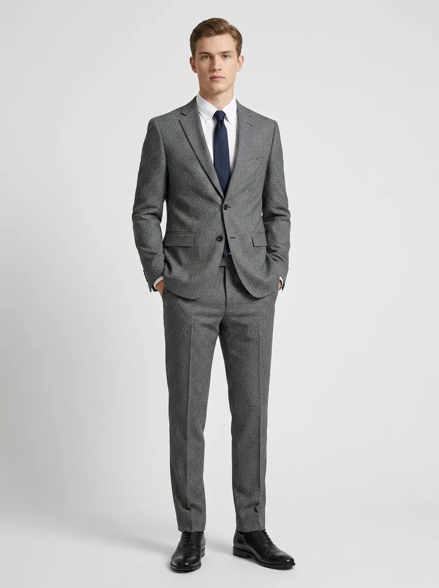Men's Two Button Business Formal Grey Houndstooth Patterned Suit