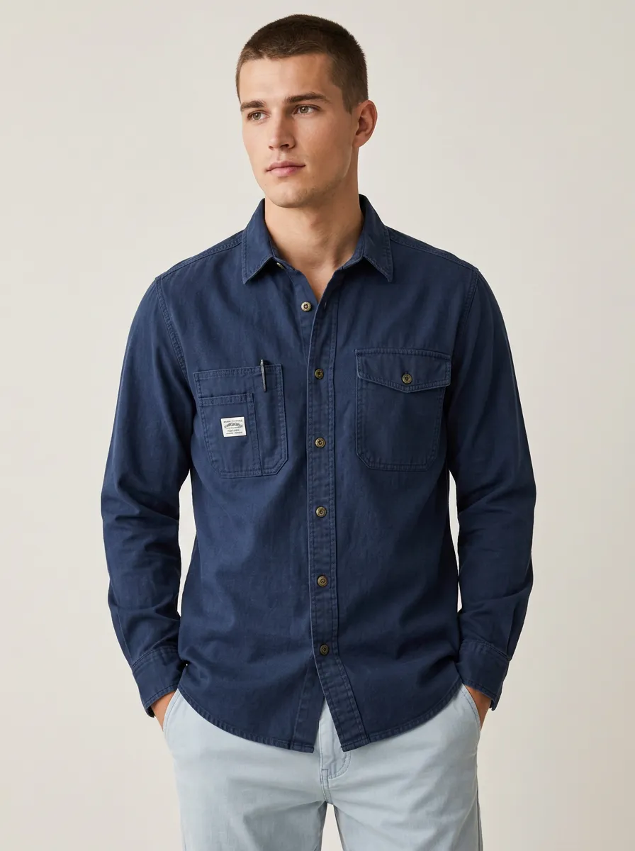 Men's Casual Breathable Navy Blue Pocketed Button-Down Shirt