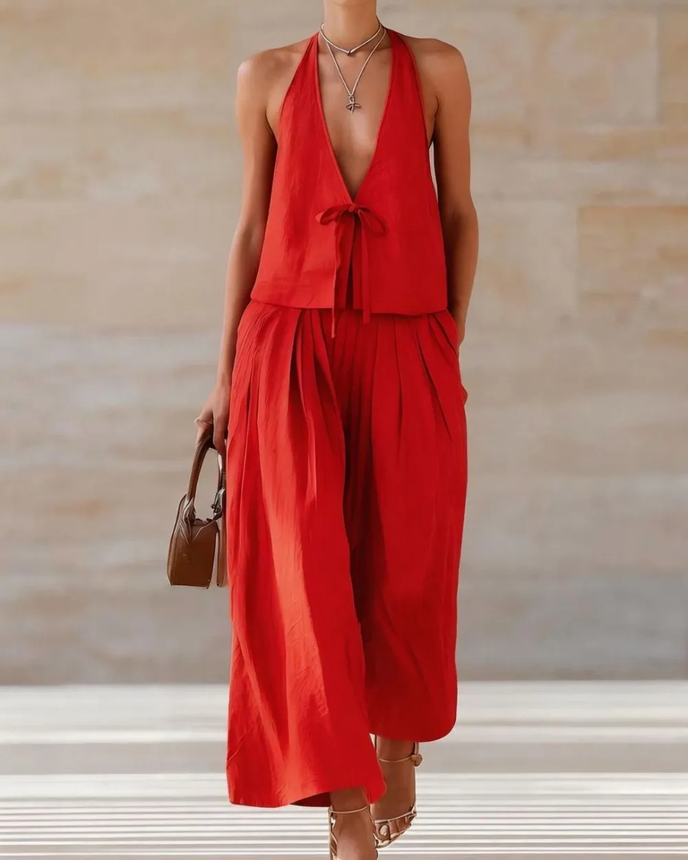 Sleeveless Vest and Wide-Leg Pants Set Two-Piece Lace-Up Outfit