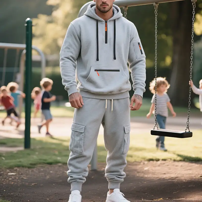 Men's Urban Cargo Tracksuit with Hooded Hoodie and Zipper Pockets Cargo Pants