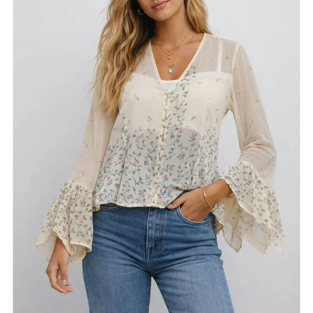 Boho Flared Sleeves V Neck Button Front Blouse