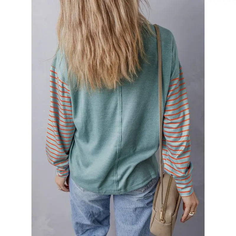 Long Sleeve Fall Tops Oversized 2025 Trendy Round Crew Neck Casual Color Block Womens Shirts Blouses