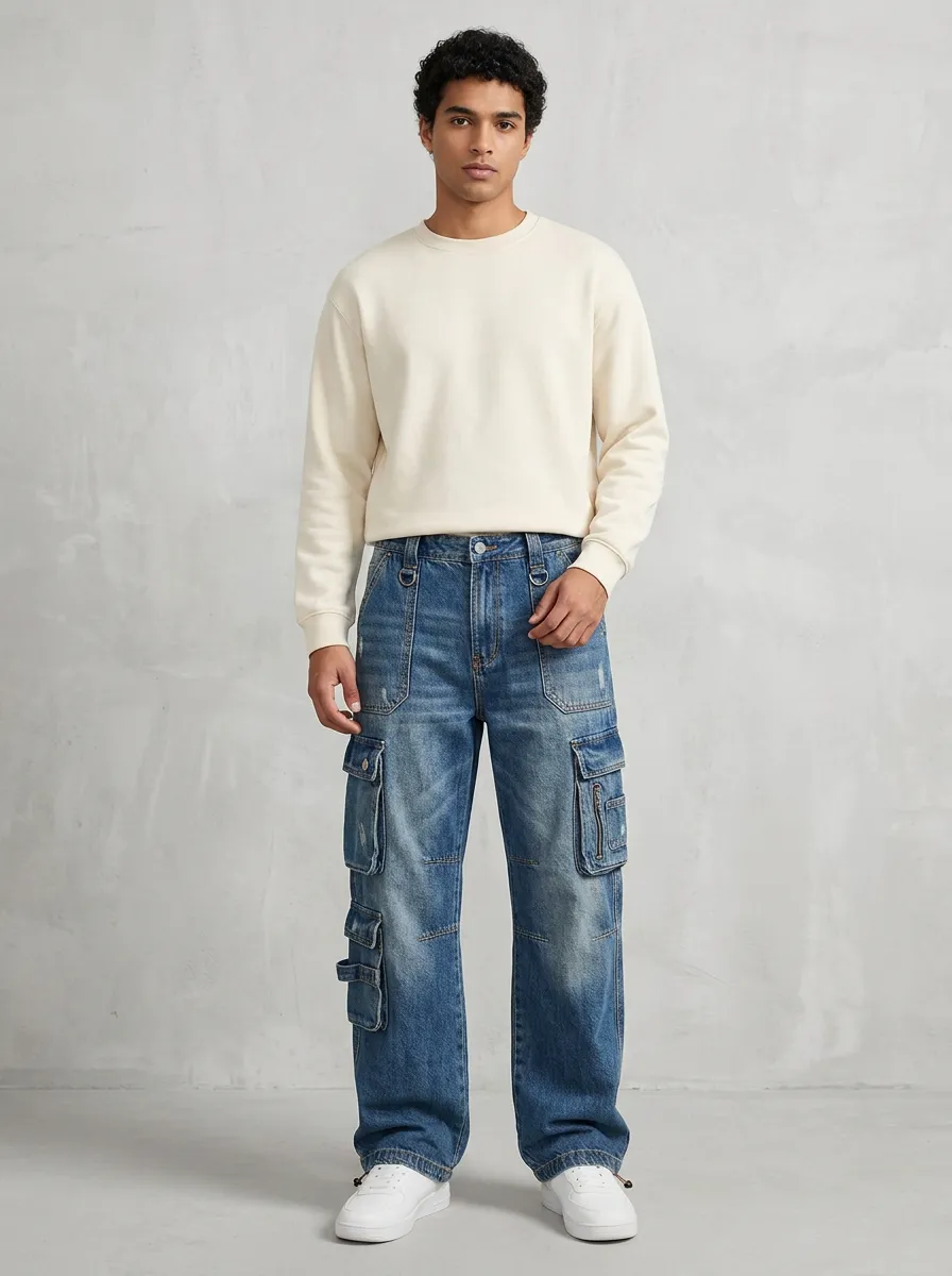 Men's Mid-Blue D-Ring Straight-Leg Denim Cargo Pants