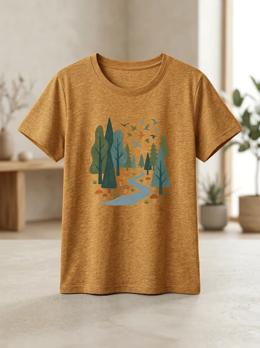 Women's Nature Forest River Mushroom Print Classic Crew Neckline Ribbed T-Shirt