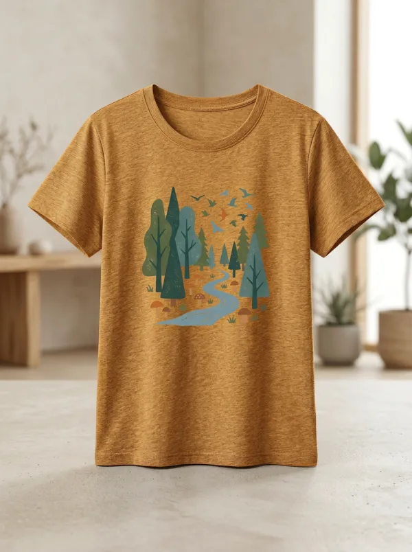 Women's Nature Forest River Mushroom Print Classic Crew Neckline Ribbed T-Shirt