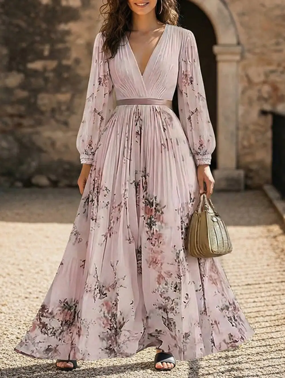 V-Neck Pleated Printed Slim Maxi Dress
