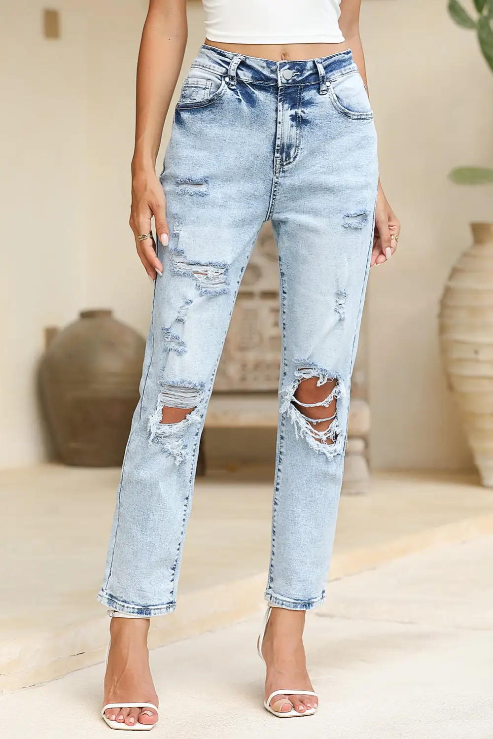 Frayed Slim Fit High Waist Denim Jeans