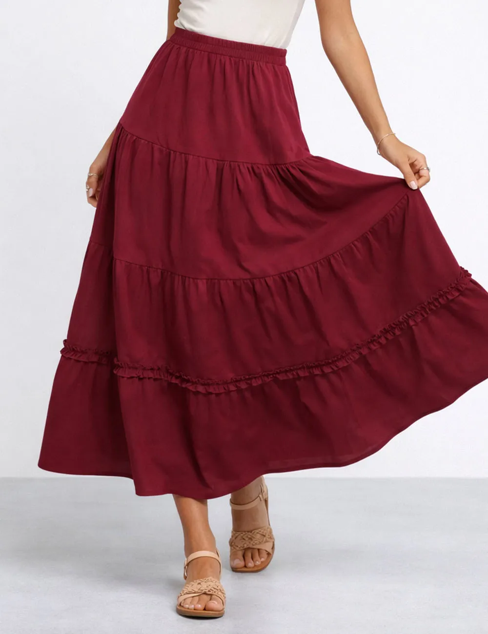 Tiered Hem Elastic Waist Solid Color Midi Skirt