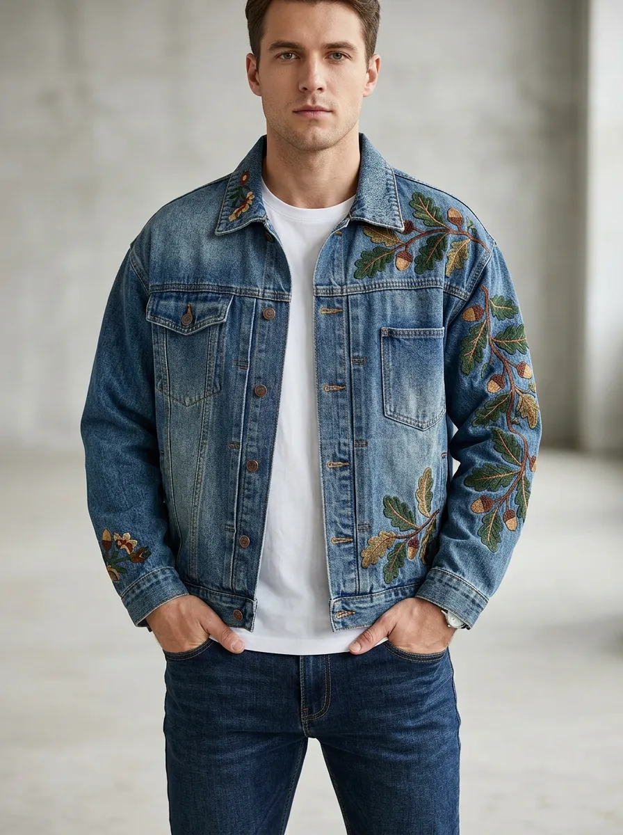 Men's Festival Oak Leaf Acorn Denim Jacket