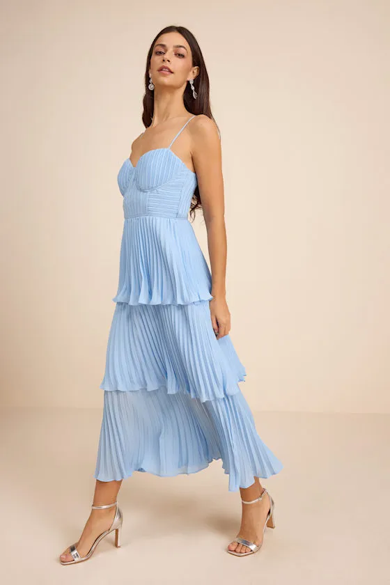 Cascading Crush Light Blue Tiered Bustier Midi Dress