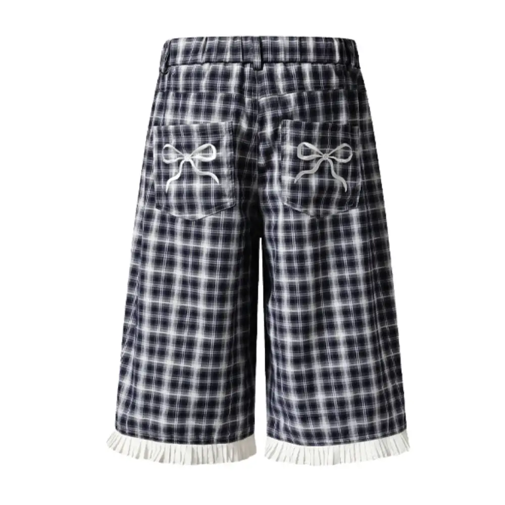 Relaxed Washed Plaid Denim Shorts