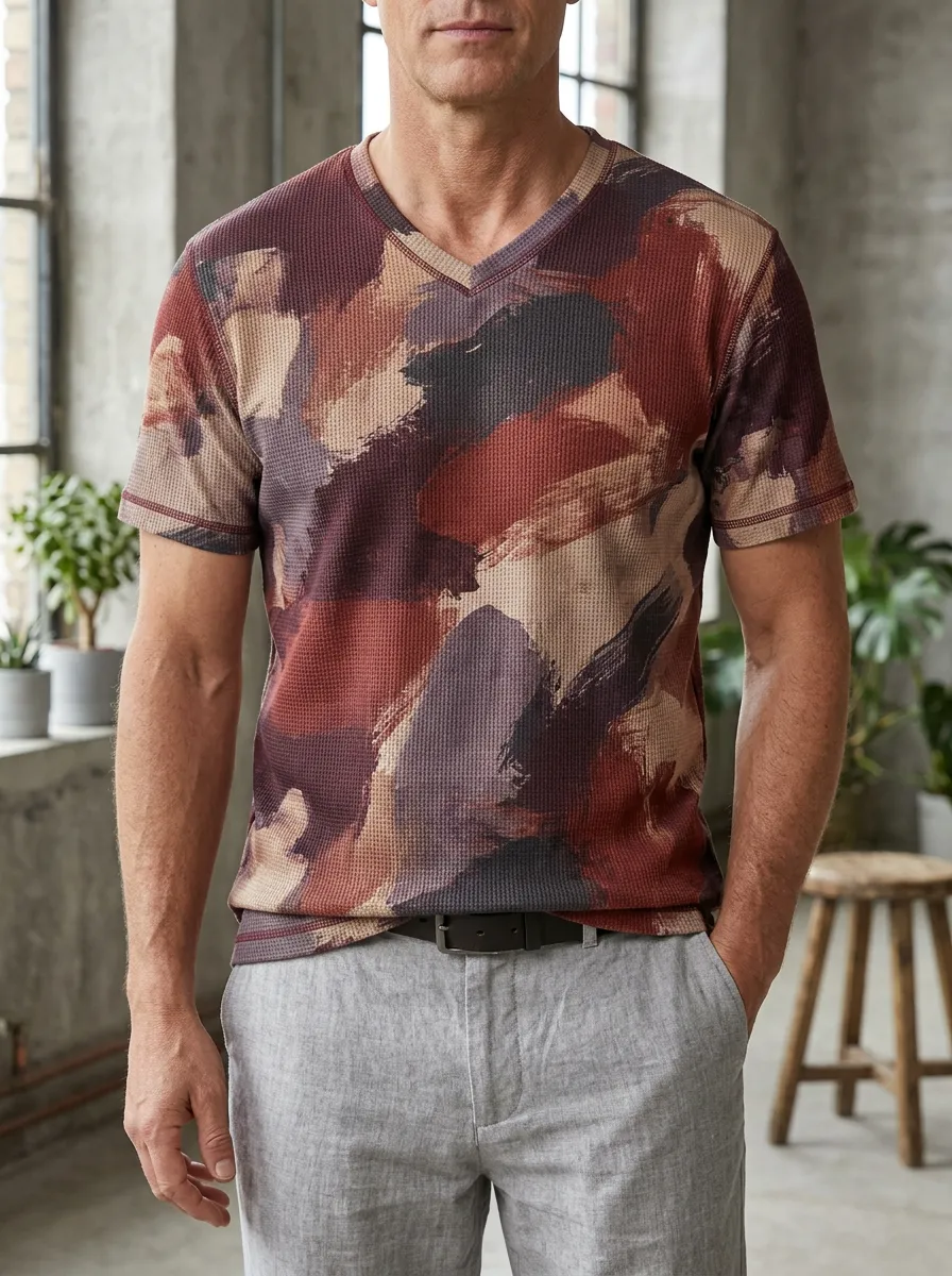 Men's Modern Abstract Brushstroke Waffle Knit V-Neck T-Shirt
