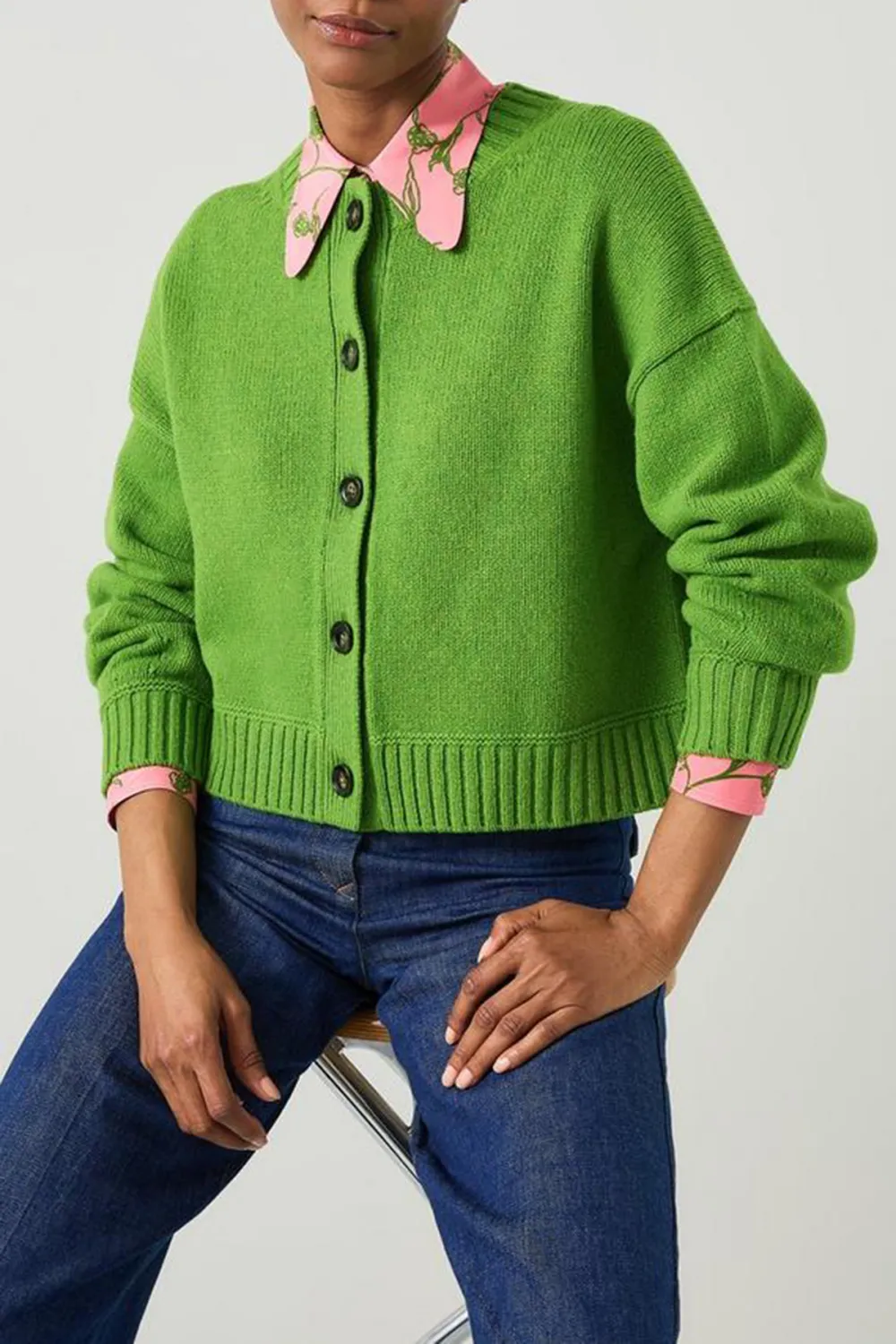 Bright Green Cropped Button Up Knit Cardigan