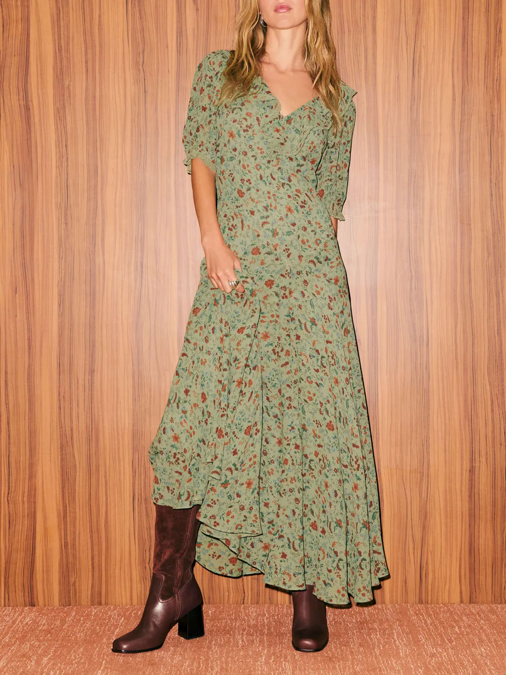 V Neck Floral Print Asymmetric Maxi Dress