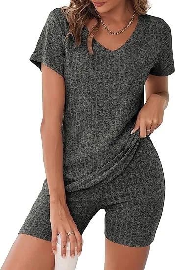 10PACK-Ribbed Pajama Short Sleeve Workout Set