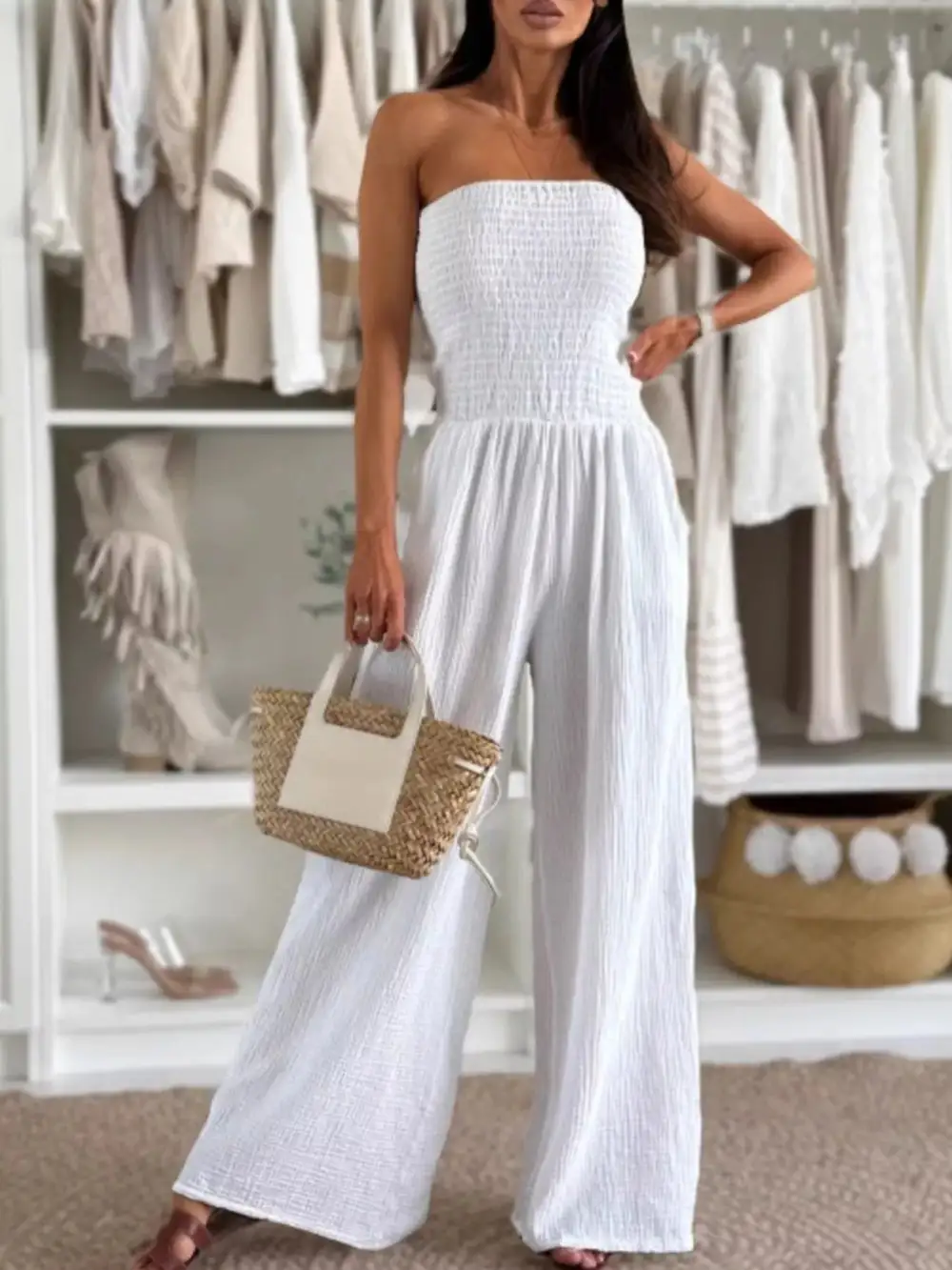 Smocked Tube Wide Leg Jumpsuit