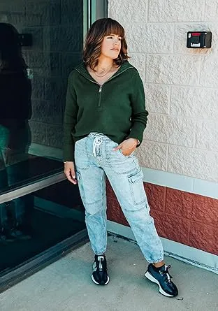 🔥Last day promotion⏰Women's 2525 Quarter Zip Pullover V Neck Collar Long Sleeve Ribbed Knit Loose Casual Sweater