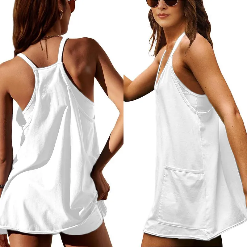 Women'S Womens Athletic Sleeveless Mini Dress With Built-In Shorts V Neck Spaghetti Strap Short Tennis Dress With Pockets