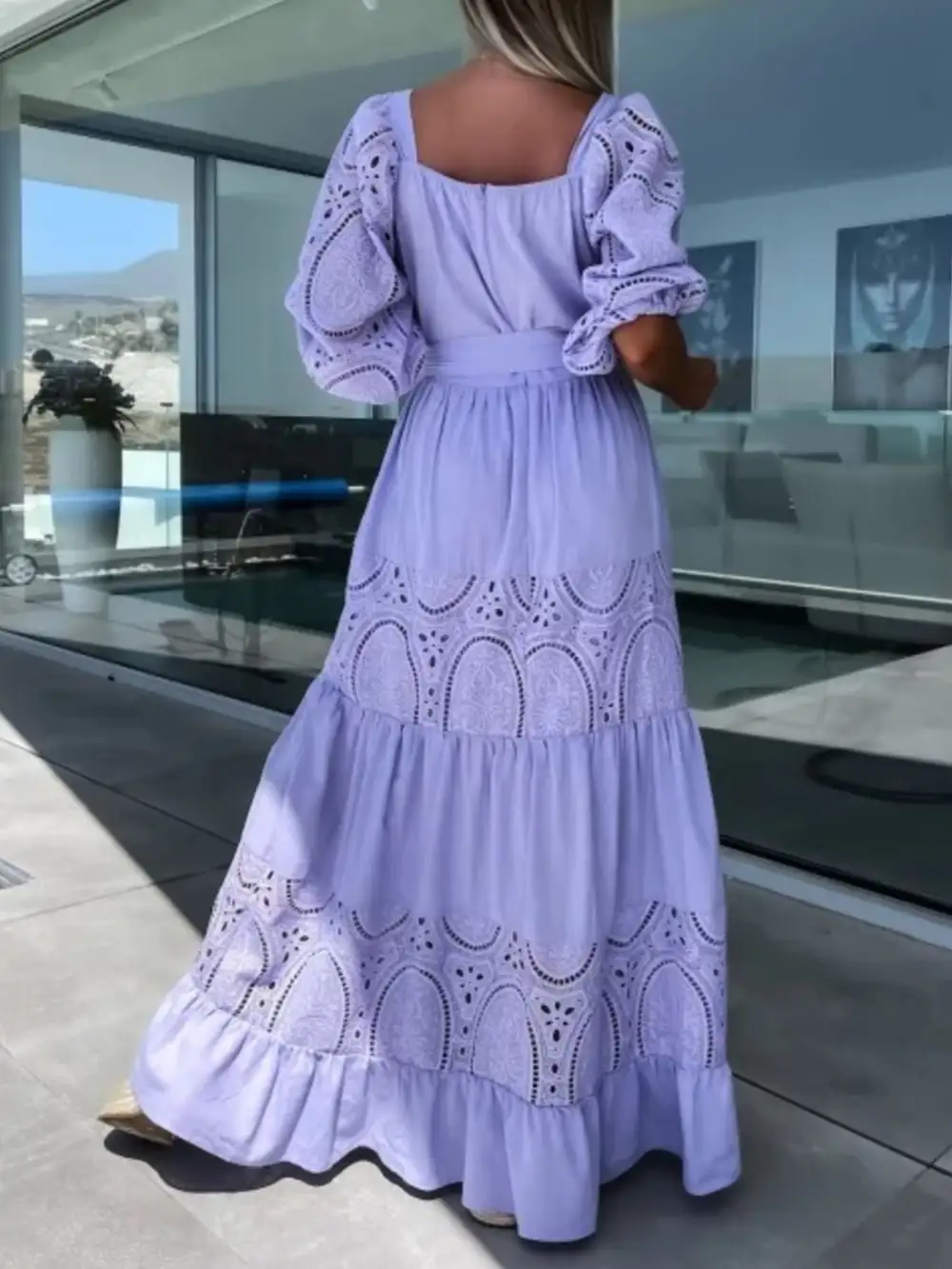 Lace Tie Waist Ruffle Maxi Dress