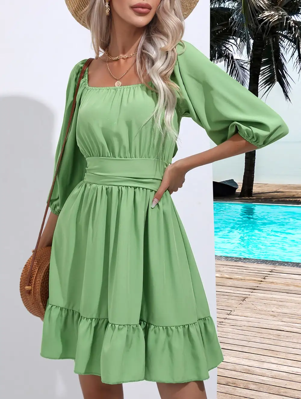 Square Neckline Ruffled Tie Up Short Dress