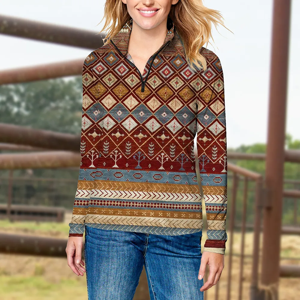 Women's Western Style Aztec Print Long Sleeve Casual 1/4 Zip Shirt