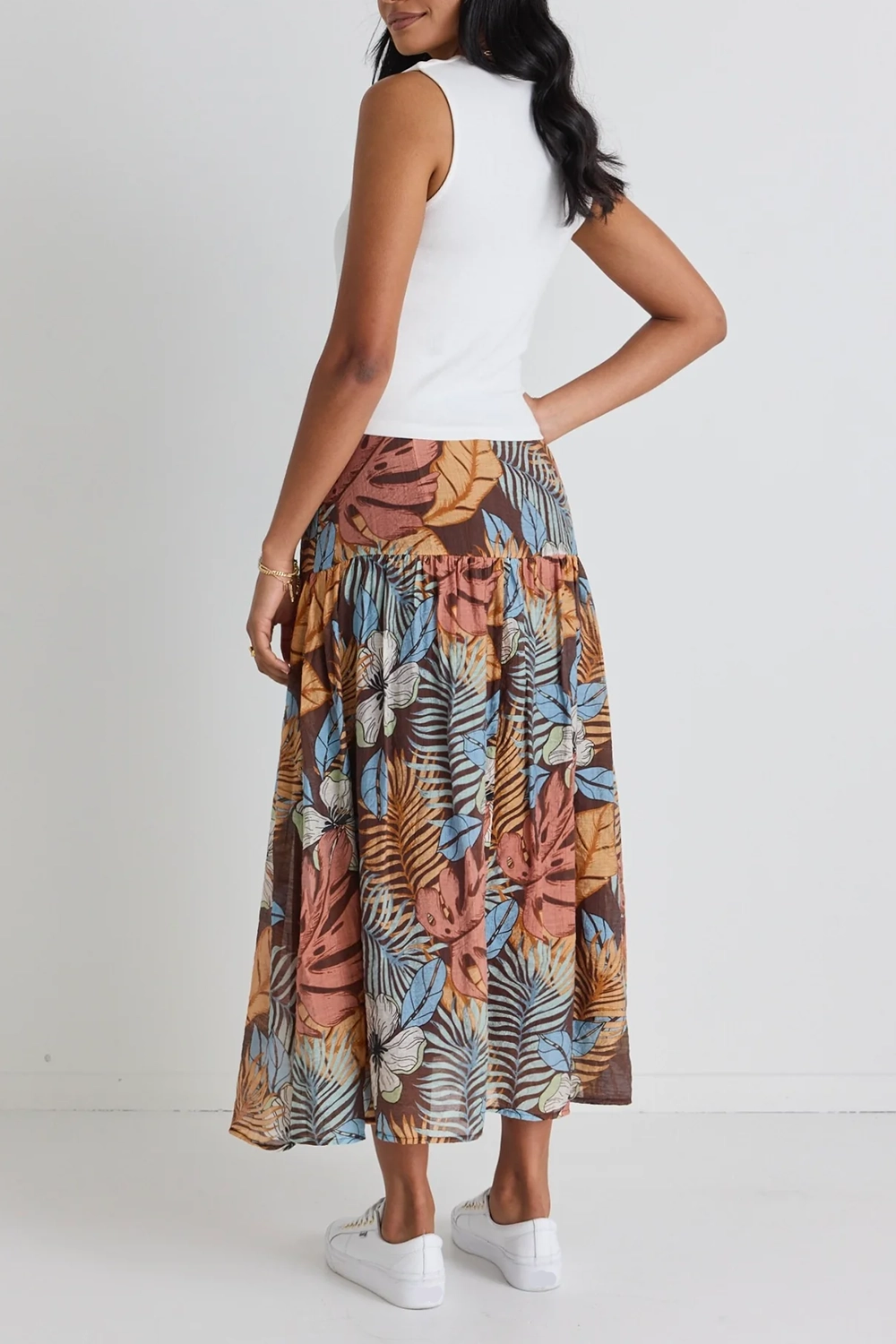 Floral Print Tiered Midi Skirt