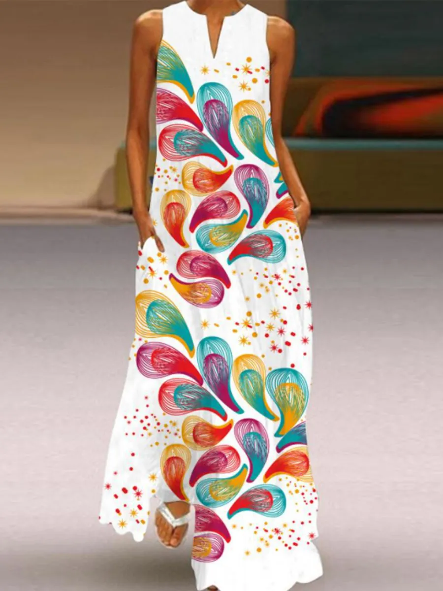 Ladies Vintage Printed V-neck Sleeveless Maxi Dress