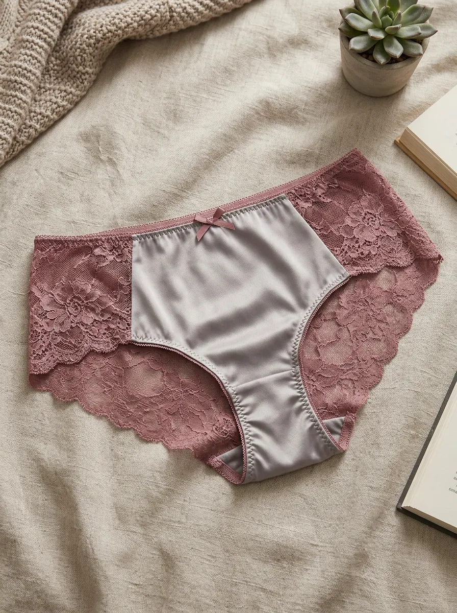 Women's Dusty Rose Floral Lace Satin Bow Panties