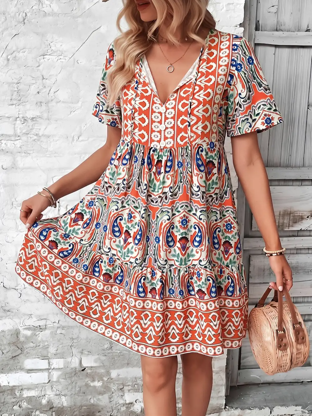Boho-Print V-Neck Loose Fitting Mini Dress