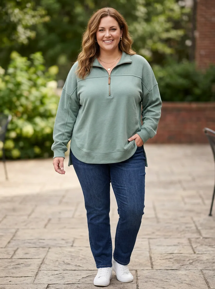 Women's Plus Size Sage Green Waffle Knit Quarter Zip Sweatshirt