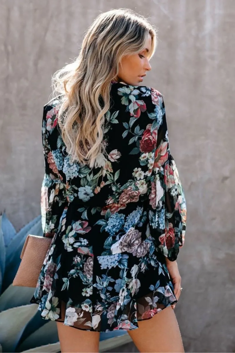 Floral Mini Long Puff Sleeves Dress