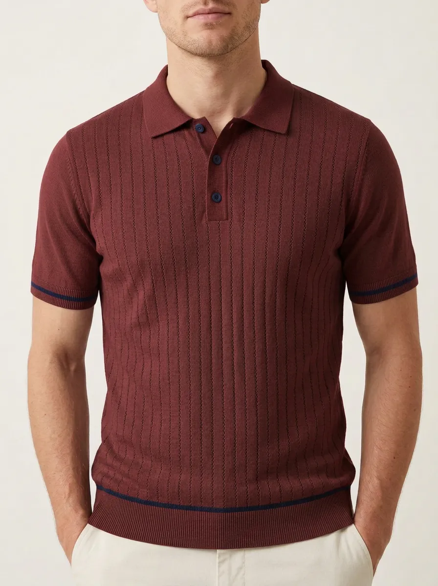 Men's Modern Knit Ribbed Textured Striped Polo Shirt