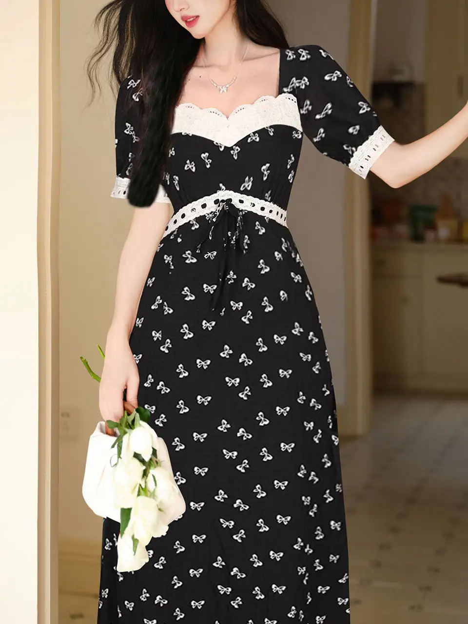 Lace Bow Regency Long Dress