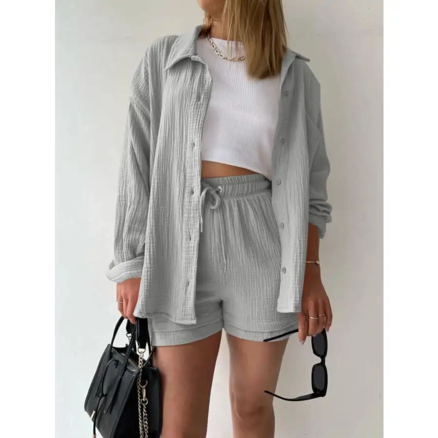 Textured Button Up Shirt and Shorts Set