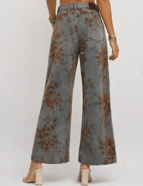 Vintage Floral Jacquard Wide Leg Denim Pants