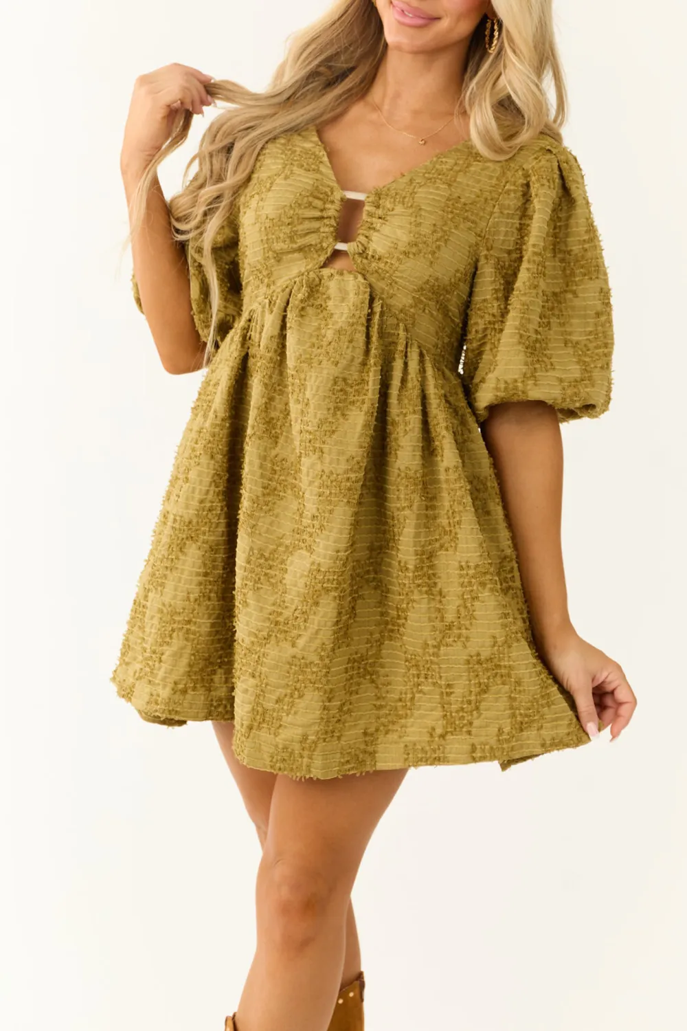 Olive Textured Half Puff Sleeve Mini Dress